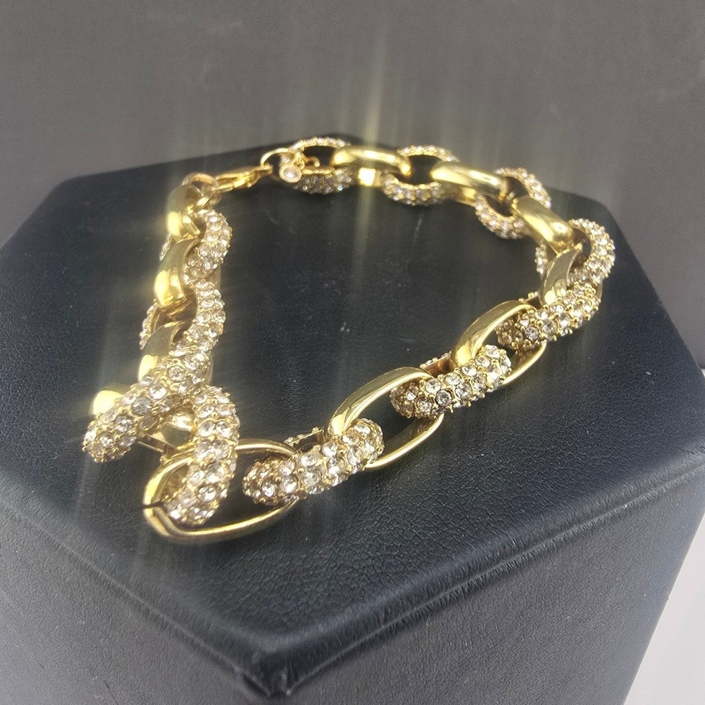 Chunky Bracelet Gold Tone Pave Rhinestone Oval Link 7"